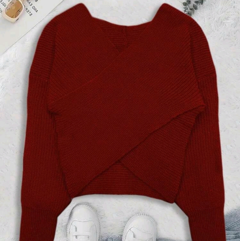 Women's Fall Solid Color V-Neck Long Sleeve Casual Sweater - Picture 5 of 6